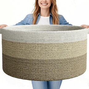 125L Extra Large Blanket Basket, 25" x 16", Jumbo Laundry Woven Baskets Decorative Home, Cotton Rope Basket with Handles, Baby Toy Baskets for Storage, White & Brown