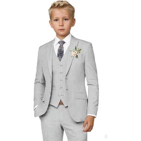 Boys Linen Suit for Summer Wedding 3 PC Notch Lapel Kids Tuxedos Toddler Formal Wear
