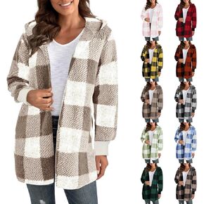 Buffalo Plaid Jacket for Woman Fuzzy Fleece Hooded Open Front Cardigan Color Block Sherpa Coats with Pockets