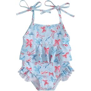 Toddler Girl One Piece Swimsuit 4th of July Popsicle/Bow/Star Print Ruffle Bikini Sleeveless Bathing Suit Swimwear