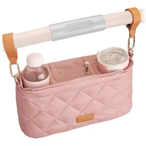 Beautiful Stroller Caddy Organizer With 2 Cup Holders – Luxury Quilted Stroller Organizer Bag, Universal Fit, Leather Straps & Zipper Pocket – Lightweight, Wipeable Must-Have Accessories for Moms