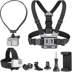 3-in-1 Action Camera Selfie Mount Kit with Chest, Head Strap, & Neck Bracket - Hands-Free Vlog Support for Hero/Insta360/Xiaomi, Phone Holder Included