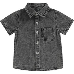 Kids Baby Boy Short Sleeve Denim Shirt Toddler Lapel Neck Button Down Pocket Denim Tshirt Tops Blouse