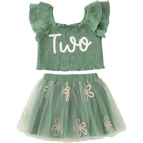 SOFEON Toddler Girl Birthday Outfit Flower Embroidery Ruffle Tank Top Tutu Skirt 2-7T Birthday Party Flower Tulle Skirt Set