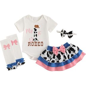 Baby Girl 1st Birthday Outfit My First Rodeo Western Romper T-Shirt Bow Tutu Skirt Set +Leg Warmers Summer Clothes