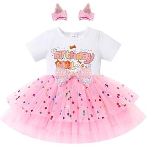 IMEKIS Toddler Birthday Girl Sparkle Confetti Ruffle Tutu Dress Dog Ears Hair Clips Outfit Cake Smash Photo Shoot 1-3T