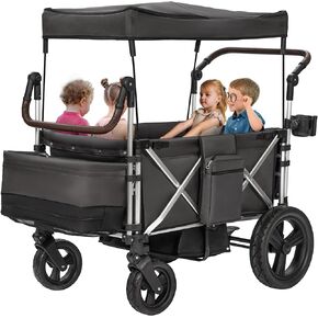 Stroller Wagon 4 Seater, Folding Wagon Stroller for 4 Kids, Collapsible Push Wagon with 5-Point Safety Belt and Canopy, Adjustable Handle, All-Terrain Mobility