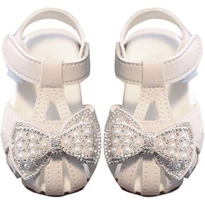 Toddler Baby Girl Pearl Bowknot Sandals Infant Closed Toe First Walking Shoes Soft Sole Cute Flip Flops Sandals