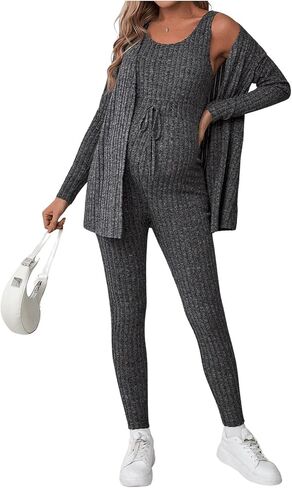 Oyoangle Women's Women's Maternity 2 قطعة صالة مجموعة بذلة متماسكة مضلعة وأكمام طويلة الأكمام من أدوات Cardigan in Saudi Arabia