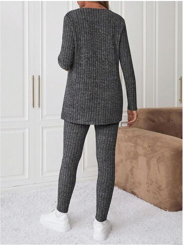 Oyoangle Women's Women's Maternity 2 قطعة صالة مجموعة بذلة متماسكة مضلعة وأكمام طويلة الأكمام من أدوات Cardigan in Saudi Arabia