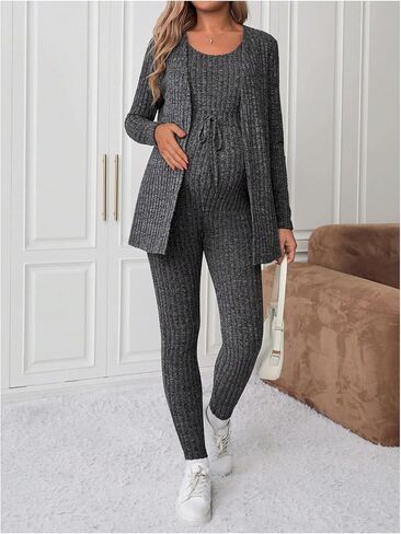 Oyoangle Women's Women's Maternity 2 قطعة صالة مجموعة بذلة متماسكة مضلعة وأكمام طويلة الأكمام من أدوات Cardigan in Saudi Arabia