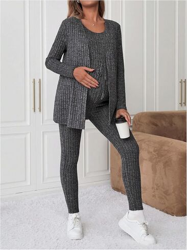 Oyoangle Women's Women's Maternity 2 قطعة صالة مجموعة بذلة متماسكة مضلعة وأكمام طويلة الأكمام من أدوات Cardigan in Saudi Arabia