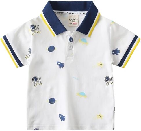 Irsutey Toddler Baby Boys Lapel Collar Button Down Tees Color Block Cute Astronaut Prints Short Sleeve Summer Cotton Top in Saudi Arabia
