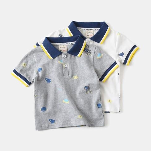 Irsutey Toddler Baby Boys Lapel Collar Button Down Tees Color Block Cute Astronaut Prints Short Sleeve Summer Cotton Top in Saudi Arabia