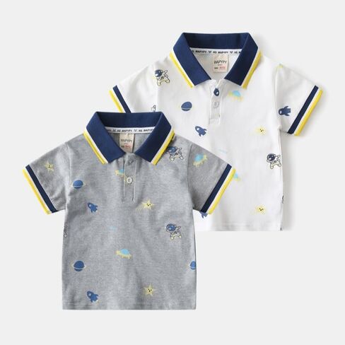 Irsutey Toddler Baby Boys Lapel Collar Button Down Tees Color Block Cute Astronaut Prints Short Sleeve Summer Cotton Top in Saudi Arabia