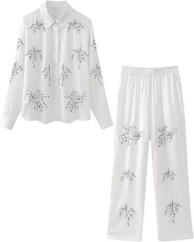 Women's Style Flip Collar with Beaded Embroidered Shirt, High Waist Straight Leg Pants Set in Saudi Arabia