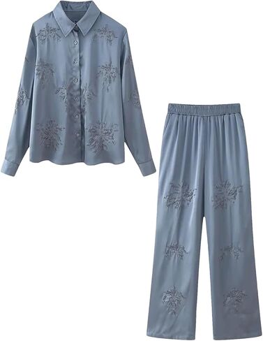 Women's Style Flip Collar with Beaded Embroidered Shirt, High Waist Straight Leg Pants Set in Saudi Arabia