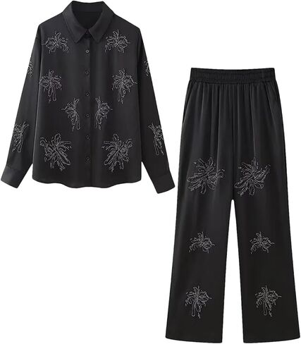 Women's Style Flip Collar with Beaded Embroidered Shirt, High Waist Straight Leg Pants Set in Saudi Arabia