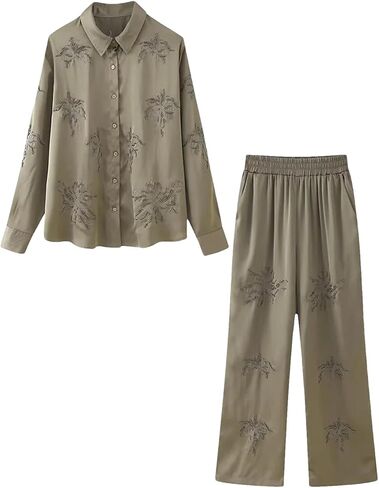 Women's Style Flip Collar with Beaded Embroidered Shirt, High Waist Straight Leg Pants Set in Saudi Arabia