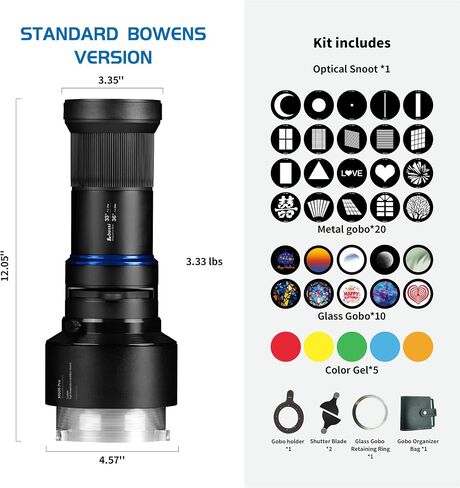 MG06 Pro Optical Bowens Mount Snoot kit with 30 gobos, 33° Lens Optical Snoot Spotlight for Photography Spotlight Projector kit, (Bowens Mount for Strobe Lights) in Kuwait