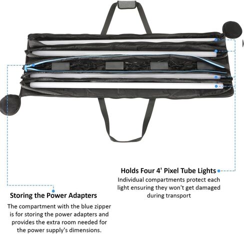 RGB Pixel LED Tube Light Carry Bag, Stores Four 4' Lights | Water-Resistant Cordura Fabric, Protective & Durable with Separate Padded Pockets, Padded Handle Wrap, and Power Adapters in Saudi Arabia