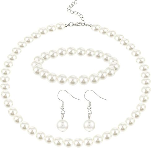 3 Pcs 8mm Pearl Necklace Bracelet Earrings Set Faux Pearl Jewelry Set for Women Simulated Pearl Necklaces Set Round White Pearl Costume Jewelry Accessories for Women Girls Brides Wedding Gift in Saudi Arabia