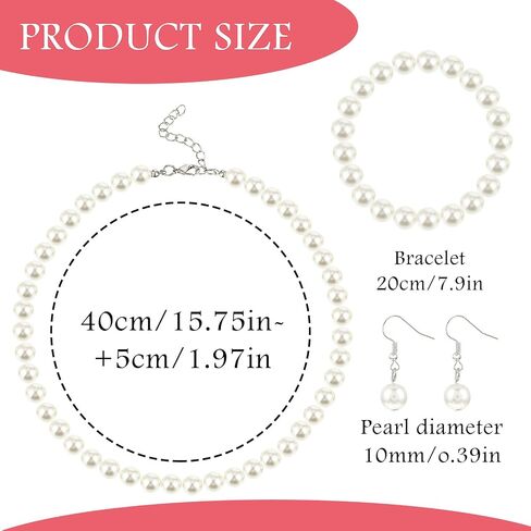3 Pcs 8mm Pearl Necklace Bracelet Earrings Set Faux Pearl Jewelry Set for Women Simulated Pearl Necklaces Set Round White Pearl Costume Jewelry Accessories for Women Girls Brides Wedding Gift in Saudi Arabia