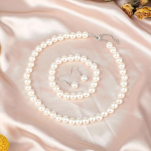 3 Pcs 8mm Pearl Necklace Bracelet Earrings Set Faux Pearl Jewelry Set for Women Simulated Pearl Necklaces Set Round White Pearl Costume Jewelry Accessories for Women Girls Brides Wedding Gift in Saudi Arabia