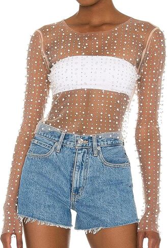 Women Pearl Rhinestone Sheer Mesh Crop Top Sexy See Through Long Sleeve Slim Fit Cropped Blouse Cover Ups for in Saudi Arabia