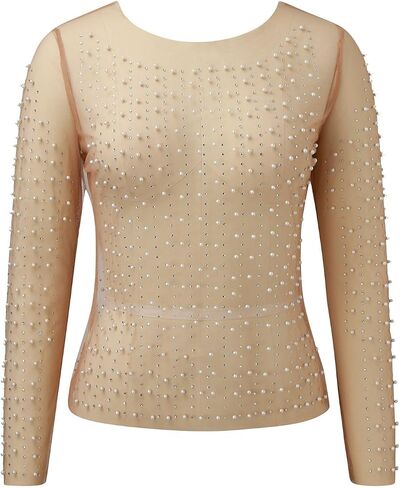 Women Pearl Rhinestone Sheer Mesh Crop Top Sexy See Through Long Sleeve Slim Fit Cropped Blouse Cover Ups for in Saudi Arabia