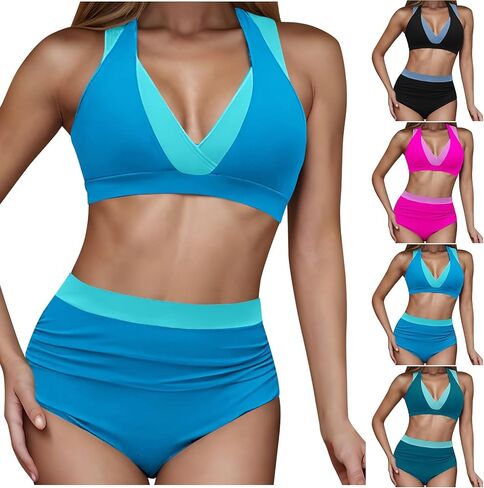 Tummy Control Color Block Swimsuit Two Piece Full Coverage High Waist Bottoms Beach Surf Sail Swimwear in Saudi Arabia