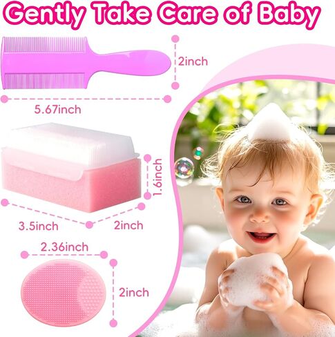 Cradle Cap Brush for Babies, Set of 5 Baby Bath Essentials with Bath Sponge Silicone Scrubber Long Handle Comb for Newborns Toddlers Boys Girls (Pink) in Saudi Arabia