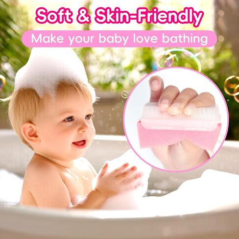 Cradle Cap Brush for Babies, Set of 5 Baby Bath Essentials with Bath Sponge Silicone Scrubber Long Handle Comb for Newborns Toddlers Boys Girls (Pink) in Saudi Arabia
