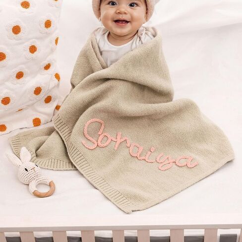 Personalized Baby Blanket - Custom Blanket with Name, Customized Handmade Chunky Knit Nursery Embroidered Baby Boy Girl Blankets Gifts (30x40in) in Saudi Arabia