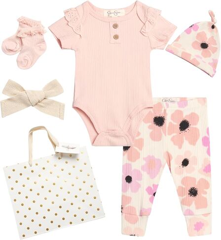 Jessica Simpson Baby Girl Layette Set - 4 Piece Newborn Baby Girl Outfits with Onesie Bodysuit Baby Pants Hat & Socks (0-9M) in Saudi Arabia