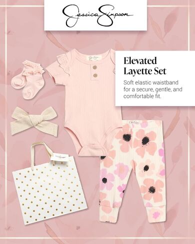 Jessica Simpson Baby Girl Layette Set - 4 Piece Newborn Baby Girl Outfits with Onesie Bodysuit Baby Pants Hat & Socks (0-9M) in Saudi Arabia