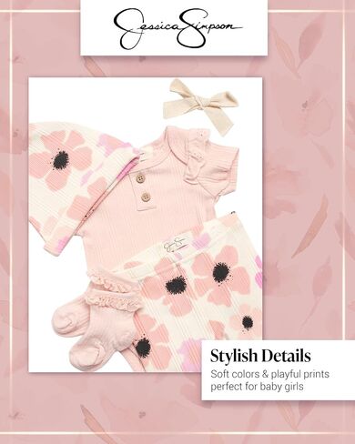 Jessica Simpson Baby Girl Layette Set - 4 Piece Newborn Baby Girl Outfits with Onesie Bodysuit Baby Pants Hat & Socks (0-9M) in Saudi Arabia