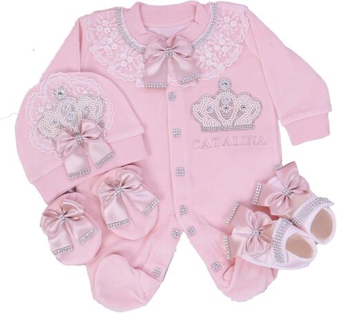 Custom Newborn Baby Clothes Set for Girls – 3 PCS Personalized 100% Cotton Romper, Cap, and Mittens – Unique Outfit in Saudi Arabia