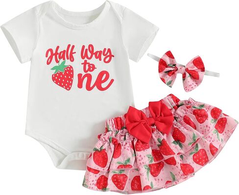Baby Girl Birthday Outfit 1/2 Half Way To One Short Sleeve Watermelon Romper Ruffle Bloomer Skirt Set Summer Clothes in Saudi Arabia