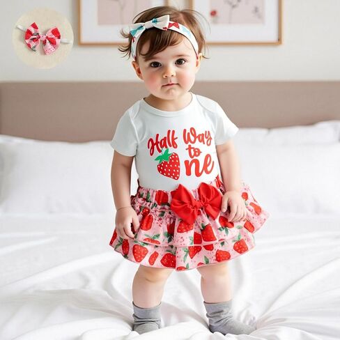 Baby Girl Birthday Outfit 1/2 Half Way To One Short Sleeve Watermelon Romper Ruffle Bloomer Skirt Set Summer Clothes in Saudi Arabia