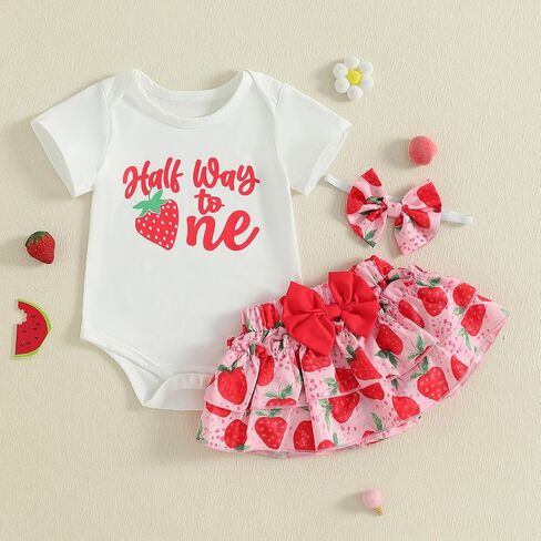 Baby Girl Birthday Outfit 1/2 Half Way To One Short Sleeve Watermelon Romper Ruffle Bloomer Skirt Set Summer Clothes in Saudi Arabia