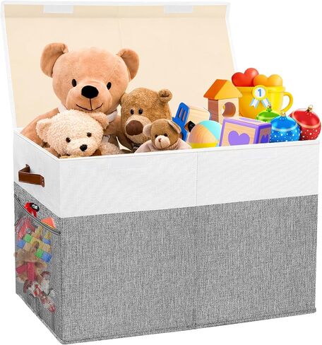 Extra Large Toy Box, Collapsible Toy Storage Chest with Lids, 40"X14"X16" | Sturdy Storage Organizer Bin with Divider for Kids, Boys, Girls, Playroom Bedroom Nursery Organization, White & Gray in Saudi Arabia