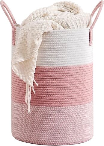 CLHMILY&Z 80L Laundry Basket Round Storage Rope Basket - 16.5x22.5 Inches - Pink Hamper in Bedreoom and Cute Storage Bin for Blankets, Toys, and Nursery Essentials in Saudi Arabia