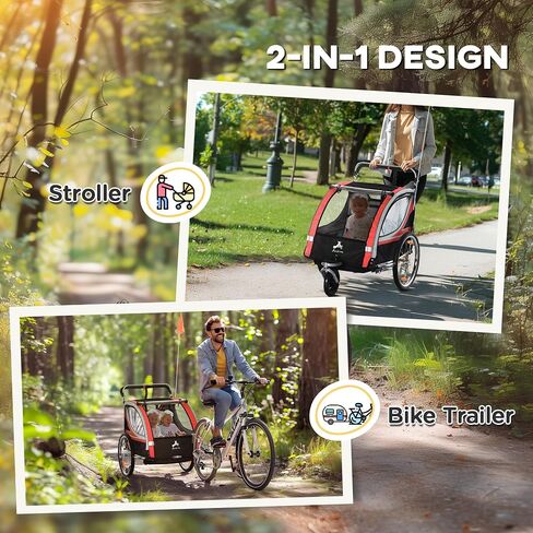 Aosom 2-in-1 Walk/Ride Child Baby Bike Trailer for Kids 2 Seater, High-Visibility Bike Stroller for Toddler Wagon, Weather-Strong Double Bicycle Trailer Accessory for Kids in Kuwait