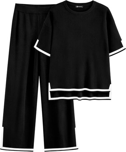 PRETTYGARDEN Women's Summer 2 Piece Outfits Casual Short Sleeve Knit Sweater Tops Wide Leg Pants Lounge Sets Tracksuits in Kuwait
