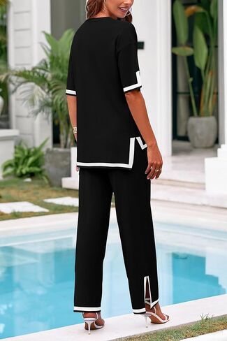 PRETTYGARDEN Women's Summer 2 Piece Outfits Casual Short Sleeve Knit Sweater Tops Wide Leg Pants Lounge Sets Tracksuits in Kuwait