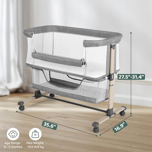Cowiewie Bassinet Bedside Sleeper ، محمولة ، قابلة للتنفس ، قابلة للتعديل باسينت بجانب السرير لليالي الهادئة ، رمادي فاتح in Kuwait