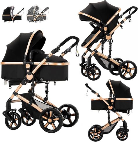 2 in 1 Baby Stroller, Convertible Pram, Reversible Standard Stroller, Portable Baby Buggy, Infant Carriage, Foldable High Landscape Pushchair for Toddler Newborn (225 Black Gold) in Kuwait