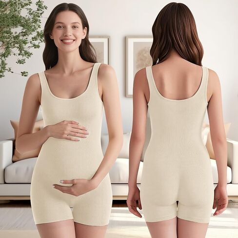Coume 2 Pcs Women Maternity Bodysuit Pregnancy Shapewear Sleeveless Tank Top Shorts Jumpsuit Ribbed Maternity Workout Romper in Saudi Arabia