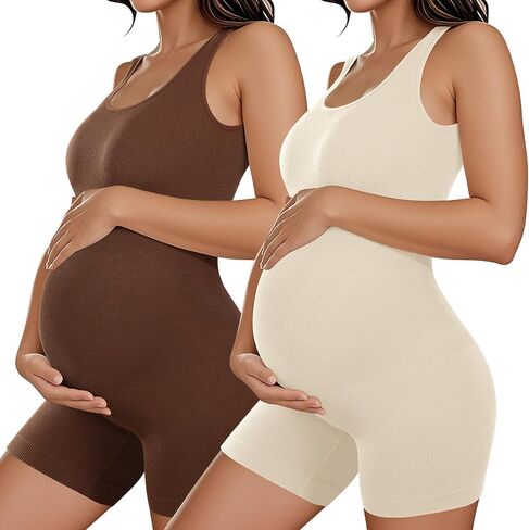 Coume 2 Pcs Women Maternity Bodysuit Pregnancy Shapewear Sleeveless Tank Top Shorts Jumpsuit Ribbed Maternity Workout Romper in Saudi Arabia